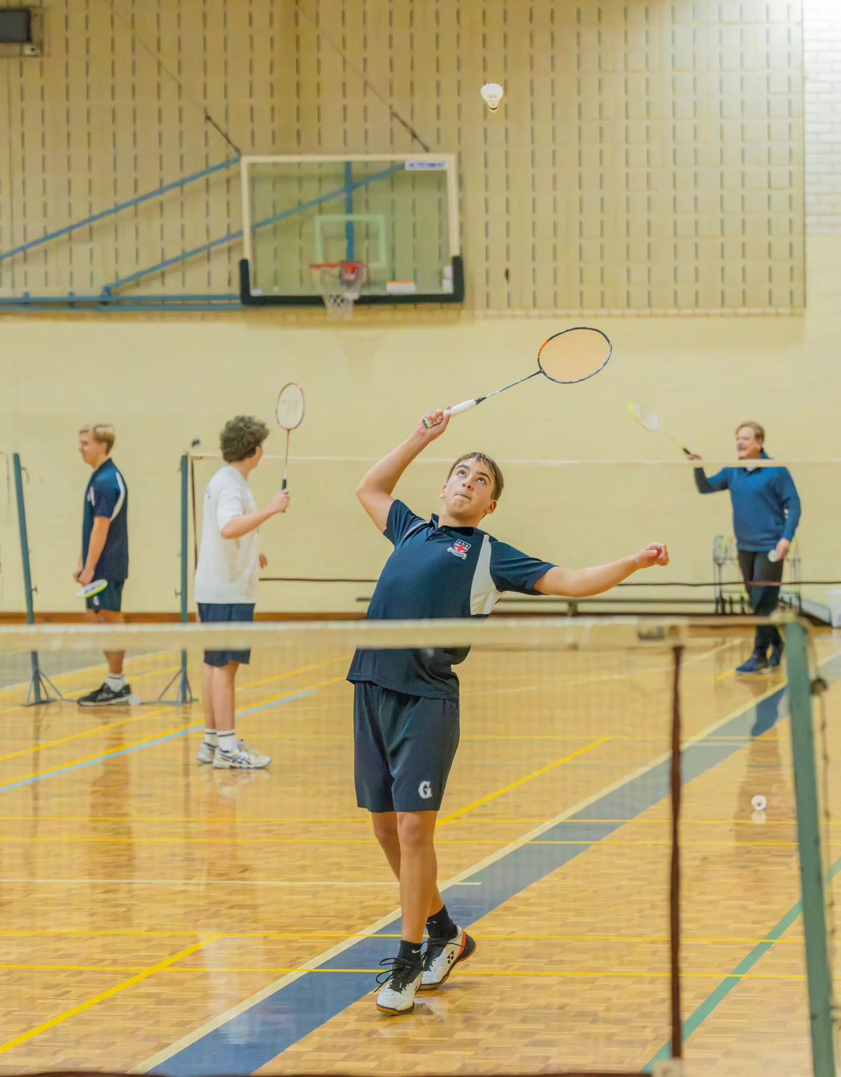 A GGS student mid-rally during a Badminton training session, HBF Stadium, June 2023